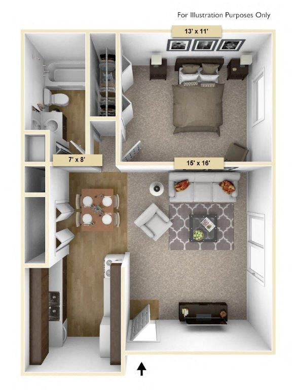 Floor plan for 1 bed, 1 bath, 600 sqft